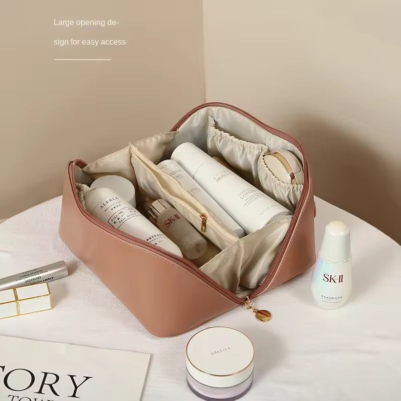 Portable Large Capacity Travel Cosmetic Bag with Handle Makeup Organizer Bag Storage Makeup Bag Waterproof PU Leather Travel Toiletry Bag for Women