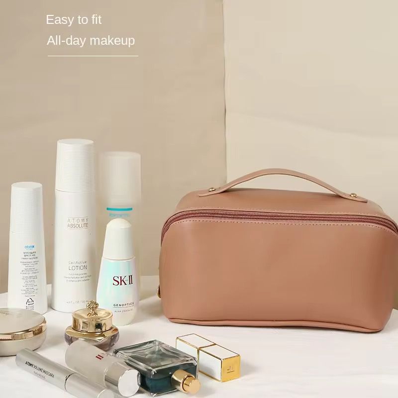 Portable Large Capacity Travel Cosmetic Bag with Handle Makeup Organizer Bag Storage Makeup Bag Waterproof PU Leather Travel Toiletry Bag for Women